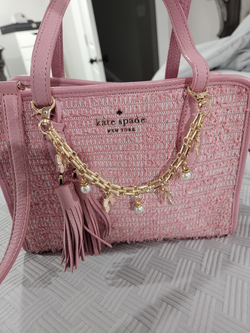 kate spade Pink Tweed Satchel with Gold Charm Chain and Tassel